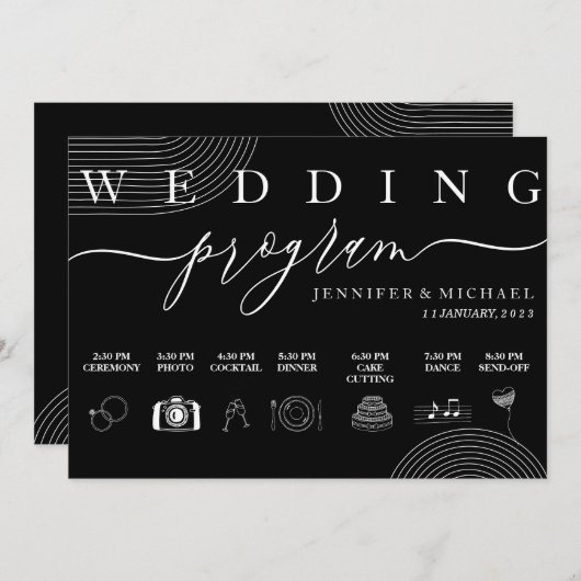 Zwart Geometrisch Icoon Tijdlijn Ceremonie Bruilof Programmakaart (Voorkant / Achterkant)