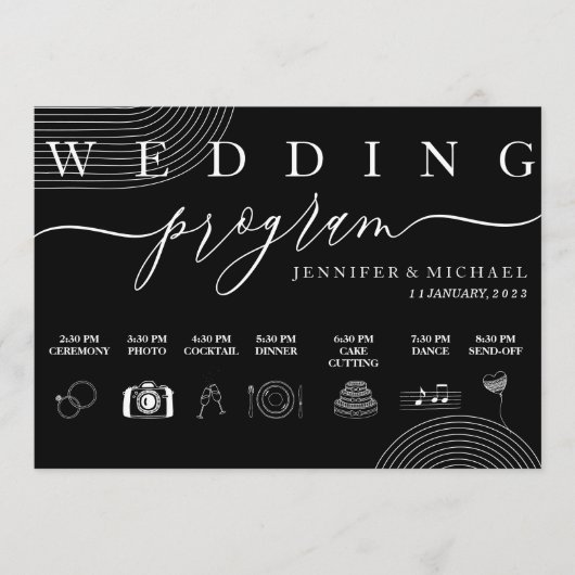Zwart Geometrisch Icoon Tijdlijn Ceremonie Bruilof Programmakaart (Voorkant)