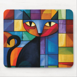 Zwart geometrisch kat glas-in-lood raster muismat