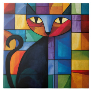 Zwart geometrisch kat glas-in-lood raster tegeltje