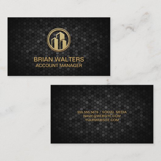 Zwart Geometrisch tegelwerk | Gold Building Icon Afsprakenkaartje (Voorkant / Achterkant)