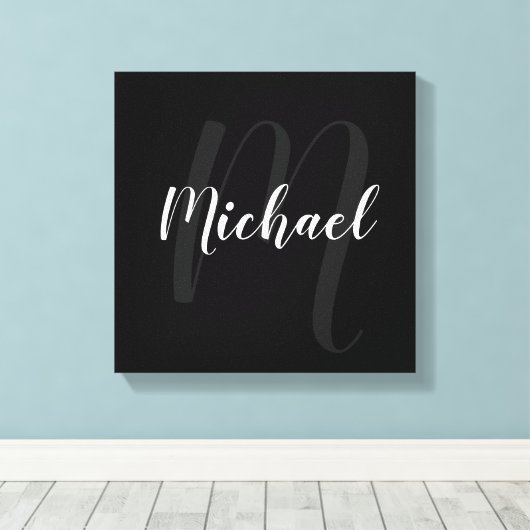 Zwart gepersonaliseerd monogram en naam canvas afdruk (Insitu (Houten vloer))