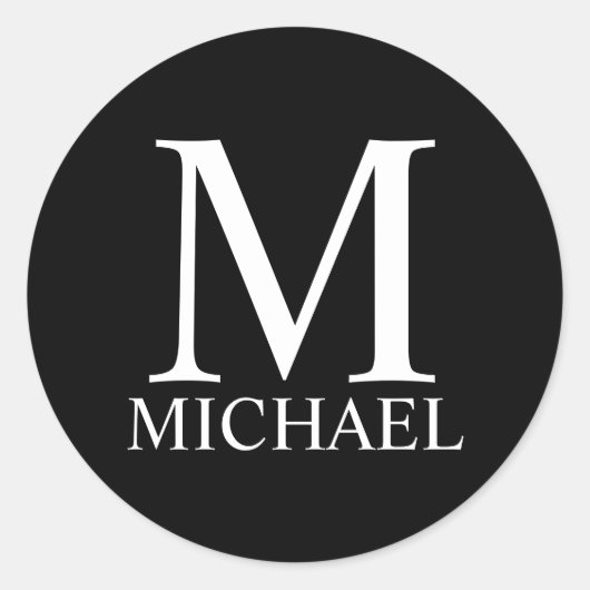 Zwart gepersonaliseerd monogram en naam ronde sticker (Voorkant)