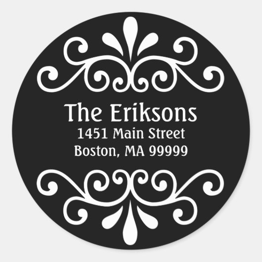 Zwart gepersonaliseerde adresrol ronde sticker (Voorkant)