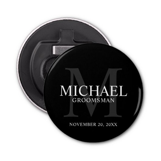 Zwart Gepersonaliseerde Groomsmen's naam en monogr Button Flesopener (Voorkant)