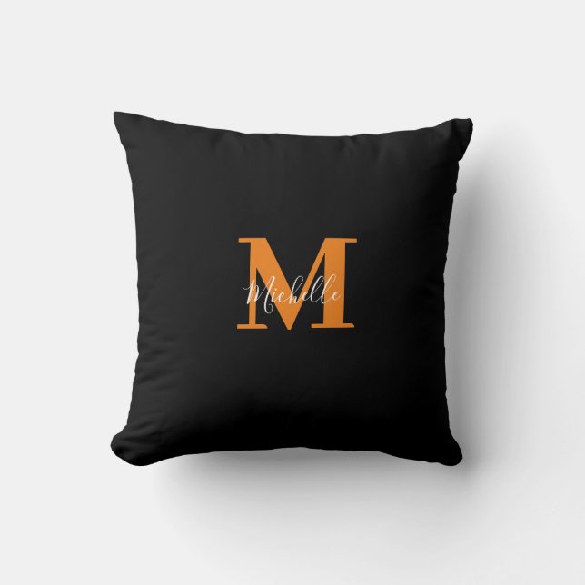 Zwart Gepersonaliseerde Initialen en Naam Monogram Kussen (Voorkant)