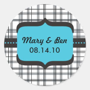 Zwart geruite en blauwe bruiloft monogram ronde sticker