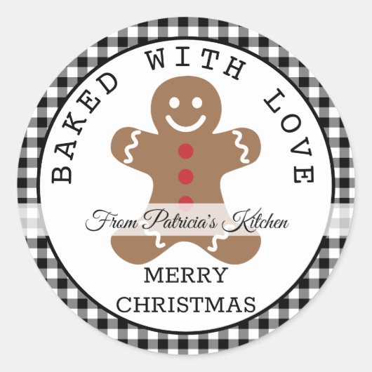 Zwart geruite gebakken met liefde kerst koekjes ronde sticker (Voorkant)