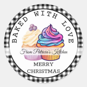 Zwart geruite kerst gebakken met liefde cupcake ronde sticker