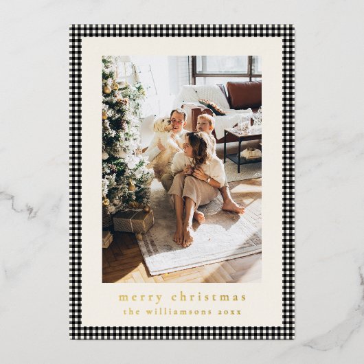  zwart geruite twee verticale foto's kerst folie feestdagenkaart (Voorkant)