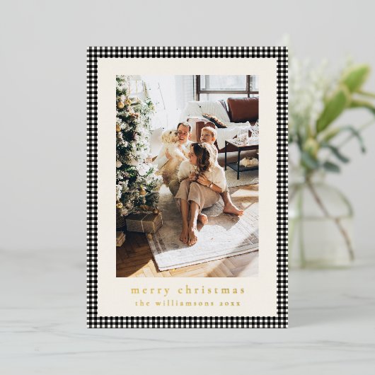  zwart geruite twee verticale foto's kerst folie feestdagenkaart (Staand Voorkant)