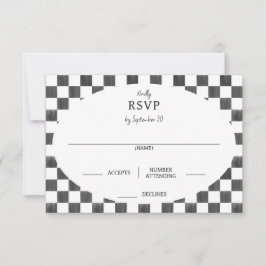 Zwart geschilderd schaakbordpatroon bruiloft RSVP kaartje