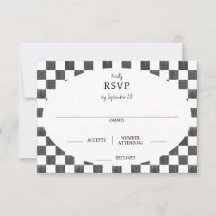 Zwart geschilderd schaakbordpatroon bruiloft RSVP kaartje