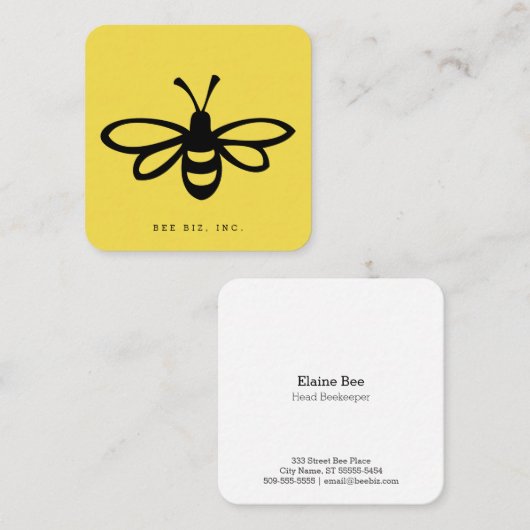 Zwart gestileerde bijenillustratie op geel vierkante visitekaartje (Voorkant / Achterkant)