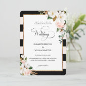 Zwart Gestreept en Magnolia Bloemen Bruiloft Kaart (Staand voorkant)