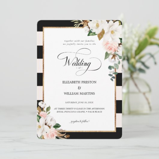 Zwart Gestreept en Magnolia Bloemen Bruiloft Kaart (Staand voorkant)