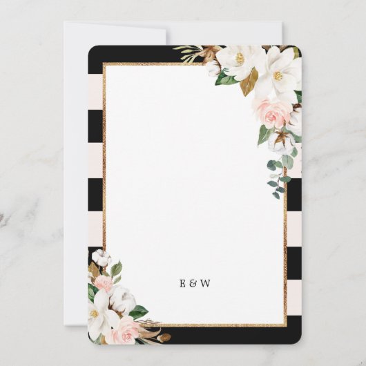 Zwart Gestreept en Magnolia Bloemen Bruiloft Kaart (Achterkant)