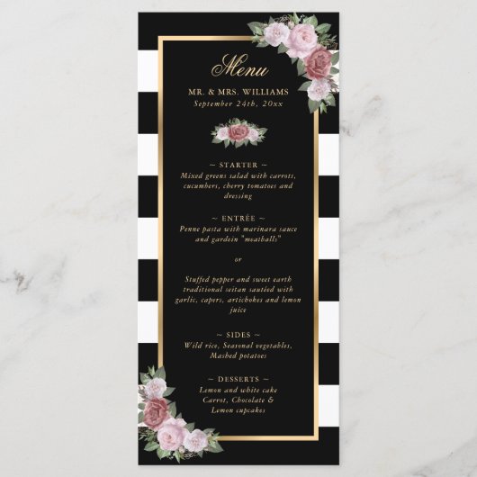Zwart Gestreept Goud Blush Roze Bloemen Bruiloft M Menu (Voorkant)
