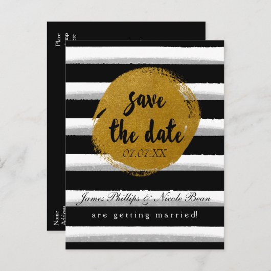 Zwart Gestreept & Goudfolie Sla het datum Briefkaa Aankondigingskaart (Voorkant / Achterkant)