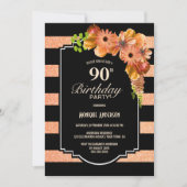 Zwart gestreept Sinaasappel Bloemen 90ste Verjaard Kaart (Voorkant)