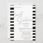 Zwart Gestreept Zilver Script Sweet 16 Kaart (Voorkant)