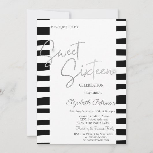 Zwart Gestreept Zilver Script Sweet 16 Kaart (Voorkant)