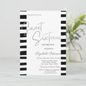 Zwart Gestreept Zilver Script Sweet 16 Kaart (Staand voorkant)