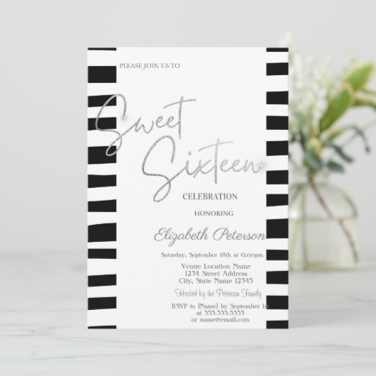 Zwart Gestreept Zilver Script Sweet 16 Kaart (Staand voorkant)