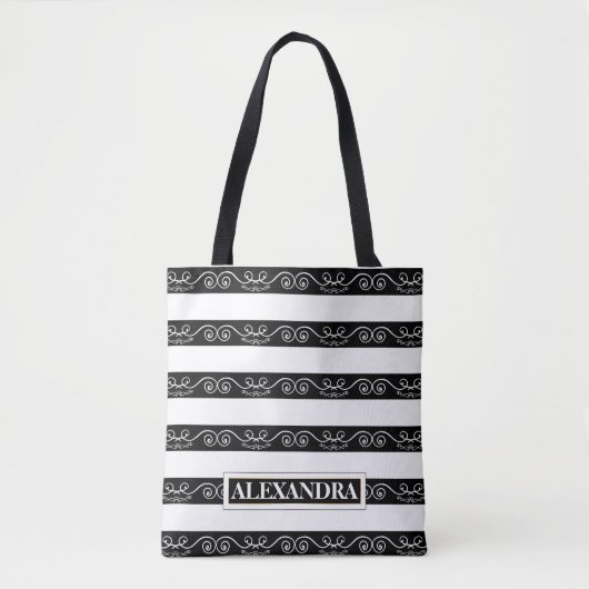 Zwart gestreepte monogram tote bag (Voorkant)