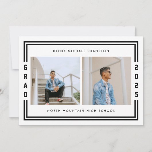 Zwart gestreepte twee foto afstudeerfeest aankondiging (Voorkant)