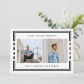 Zwart gestreepte twee foto afstudeerfeest aankondiging (Staand voorkant)