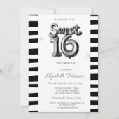 Zwart Gestreepte Zilveren Ballon Sweet 16 Kaart (Voorkant)