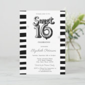 Zwart Gestreepte Zilveren Ballon Sweet 16 Kaart (Staand voorkant)