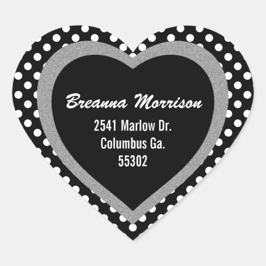 Zwart getrimde Polka-dot hart adres Stickers (Voorkant)