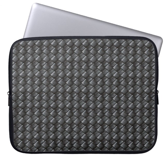 Zwart geweven lederen patroon laptop sleeve (Voorkant)