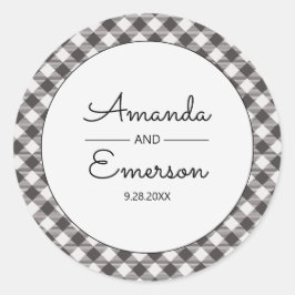 Zwart Gingham Check Casual Custom Wedding Favor Ronde Sticker