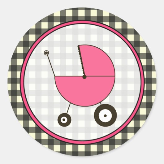 Zwart Gingham en Roze Baby koets Sticker (Voorkant)