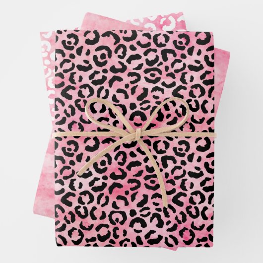 Zwart Girly Roze Waterverf Luipaard Print Inpakpapier Vel (In situ)