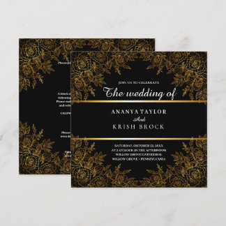 Zwart Glam en Gouden Bloemen, Bruiloft Kaart