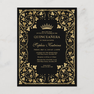  zwart Glam Gold Lijst Tiara Quinceanera Uitnodiging Briefkaart