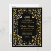 zwart Glam Gold Lijst Tiara Quinceanera Uitnodiging Briefkaart (Voorkant / Achterkant)