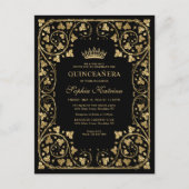 zwart Glam Gold Lijst Tiara Quinceanera Uitnodiging Briefkaart (Voorkant)