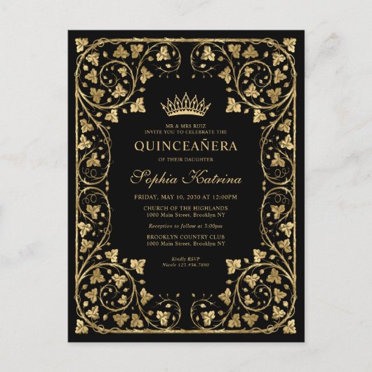 zwart Glam Gold Lijst Tiara Quinceanera Uitnodiging Briefkaart (Voorkant)