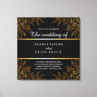 Zwart Glamour en Gouden Bloemen, Bruiloft Canvas Afdruk