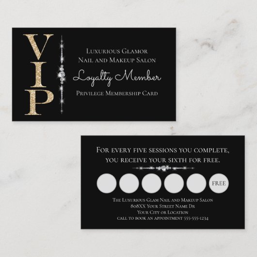 Zwart Glamoureuze Diamanten Gouden Glitter VIP Loy Visitekaartje (Voorkant / Achterkant)