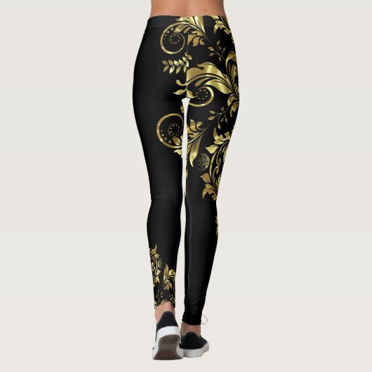 Zwart & Glanzend Goud Bloemen Kant Asymmetrisch On Leggings (Achterkant)