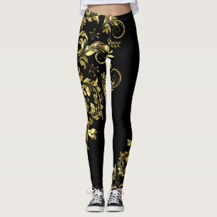 Zwart & Glanzend Goud Bloemen Kant Asymmetrisch On Leggings
