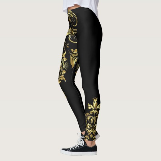Zwart & Glanzend Goud Bloemen Kant Asymmetrisch On Leggings (Links)