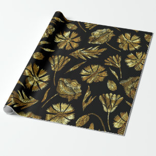 Zwart & Glanzend Goud Bloemen Patroon Cadeaupapier