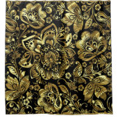 Zwart & glanzend gouden bloemdamast patroon douchegordijn (Voorkant)